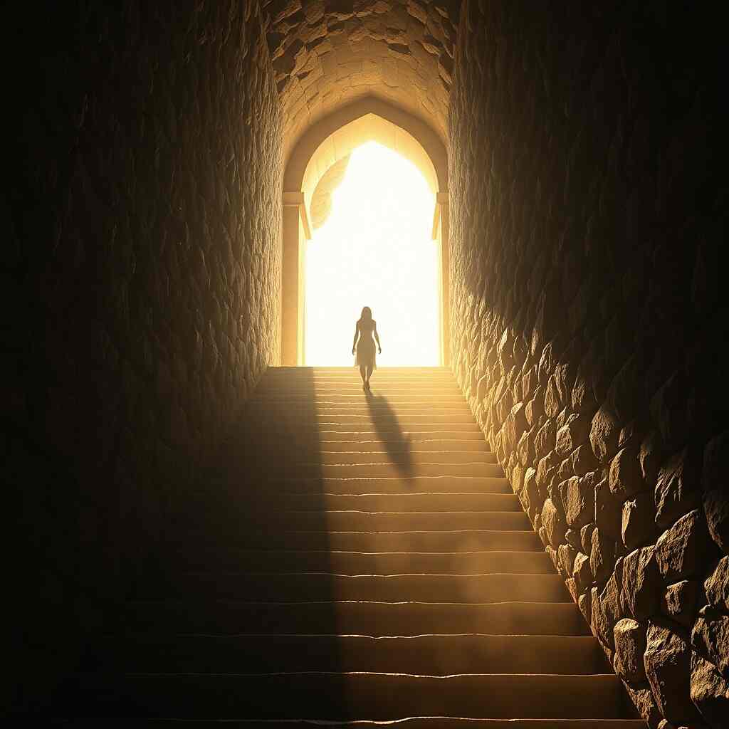 Steps Toward the Light depicted through a golden path in Versailles style, symbolizing hope and spiritual growth.