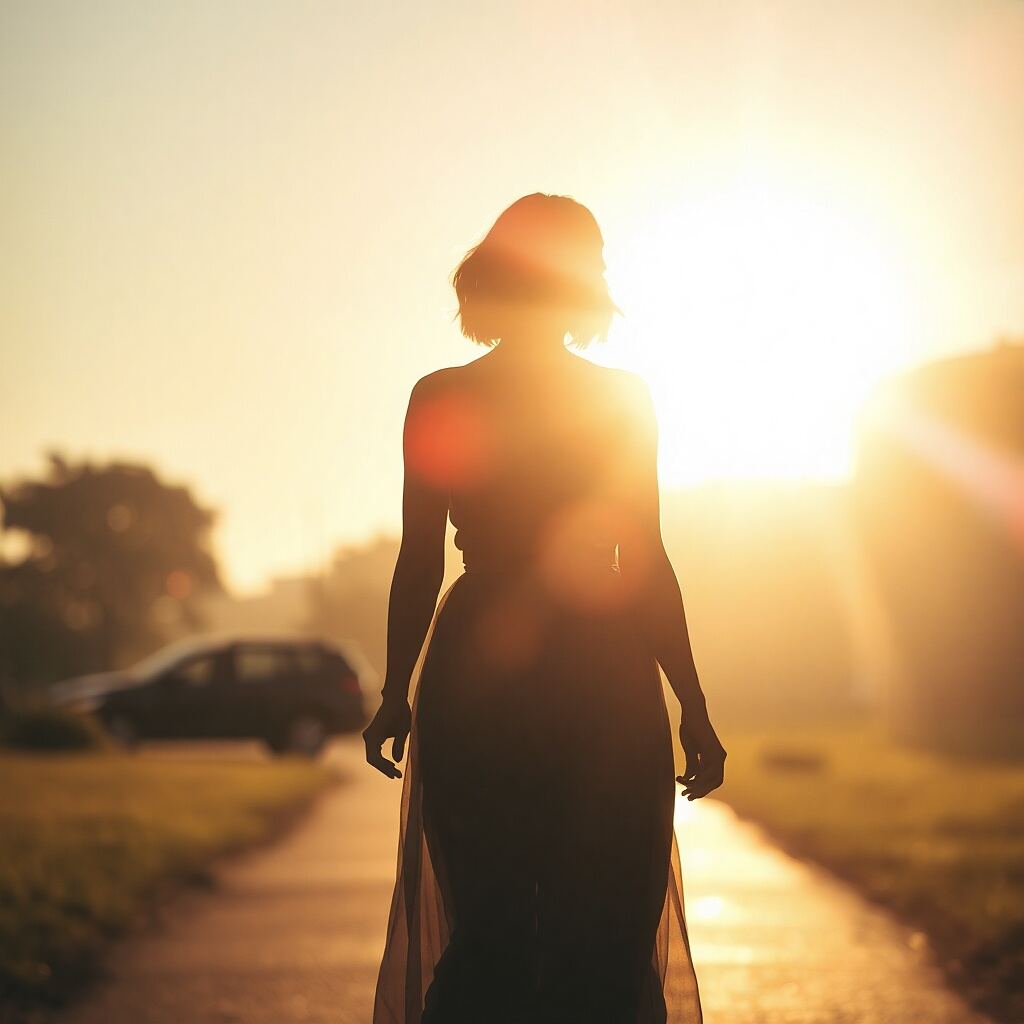 How could I forget him: A woman leaves the past behind and steps towards the light, symbolizing forgiveness and new love.