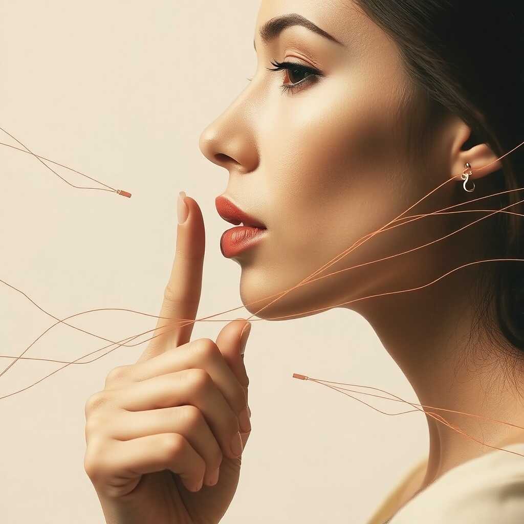 Third word: A woman who is silent, while the lines of incomprehension intertwine around her, symbolizing the fatigue of explaining.