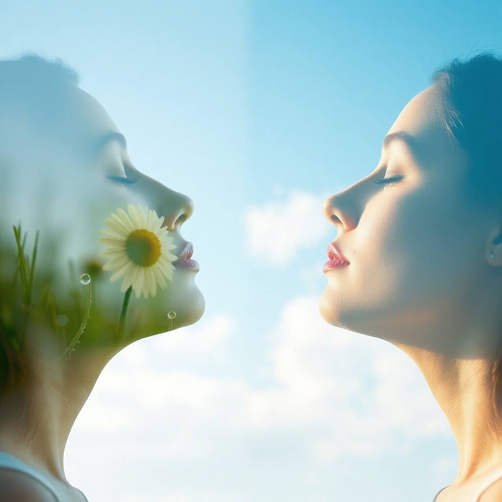 Be Here: A woman takes a deep breath, connected to nature and the little things, symbolizing peace and presence in the moment.