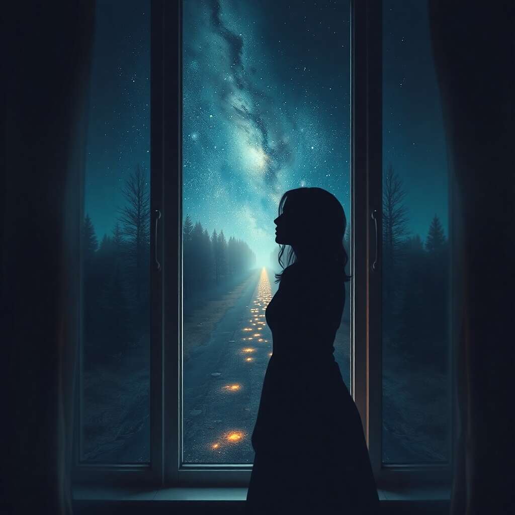 A note of love: A woman longing in the night, as the path of love opens before her, symbolizing the union of two souls.