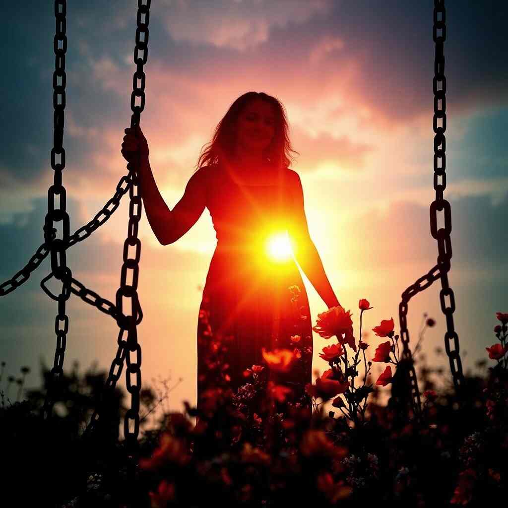 The decision to live: A woman emerging from the darkness of illness into the light of new life, symbolizing the power of change and struggle.
