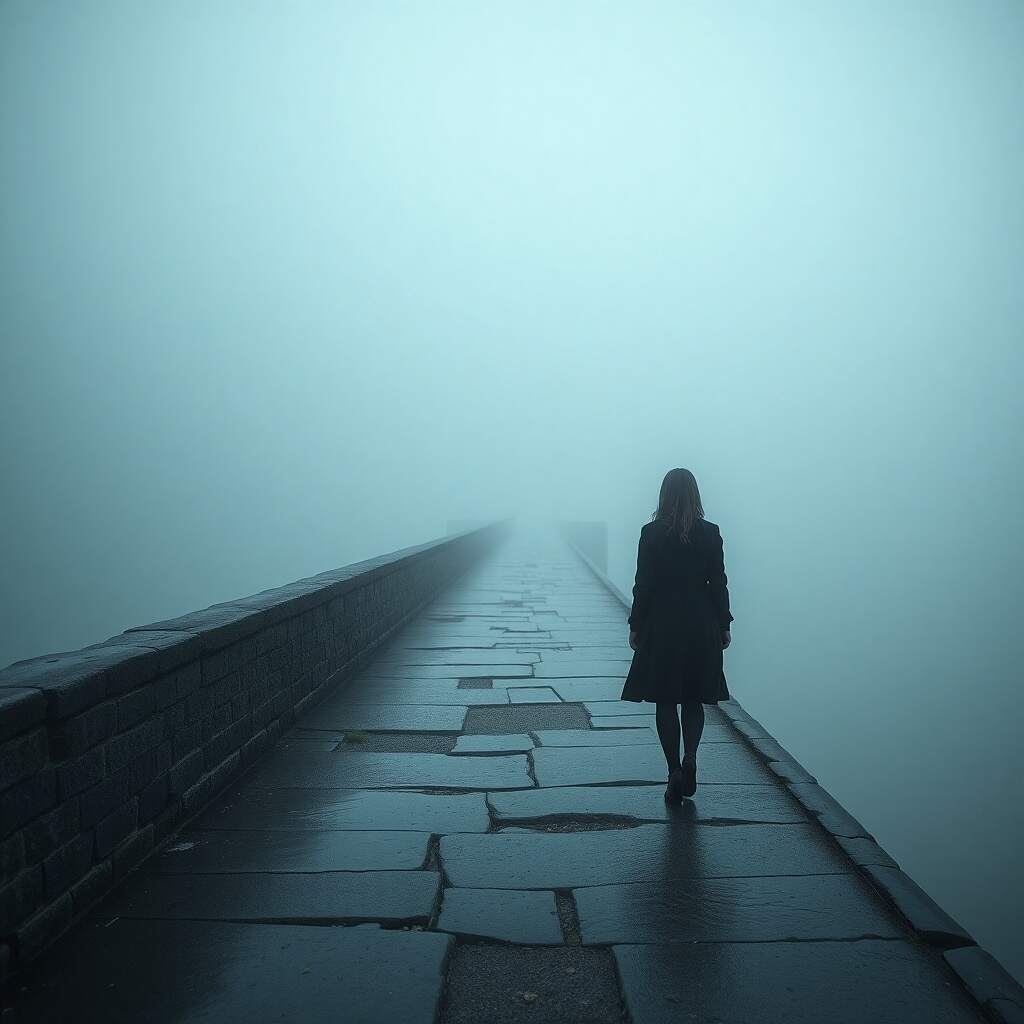Silence does not build bridges: A woman stands on a bridge in the fog, symbolizing unspoken feelings.