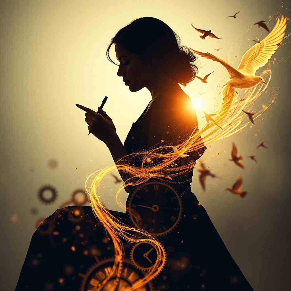 When I love what I do: A woman creates with passion, while time disappears in the golden light of inspiration.