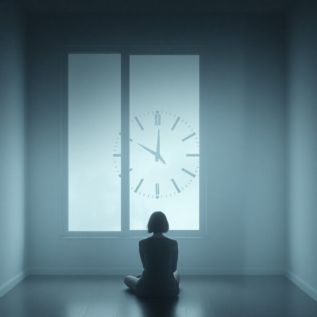 Days without a clock: A lonely woman in silence, symbolizing the emptiness of days in which nothing happens.