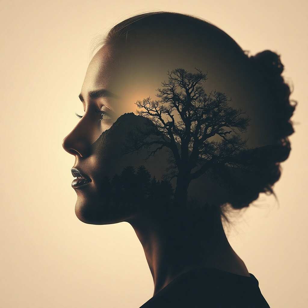 Strength that does not seek validation: A woman with a calm face who stands firm as a mountain, symbolizing inner strength that does not depend on others.
