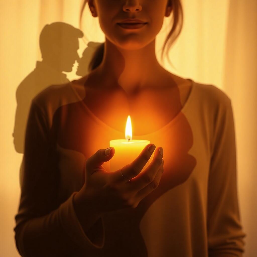 The candle within me: A woman guards the inner light given to her by her parents, symbolizing faith in herself and the path through life.