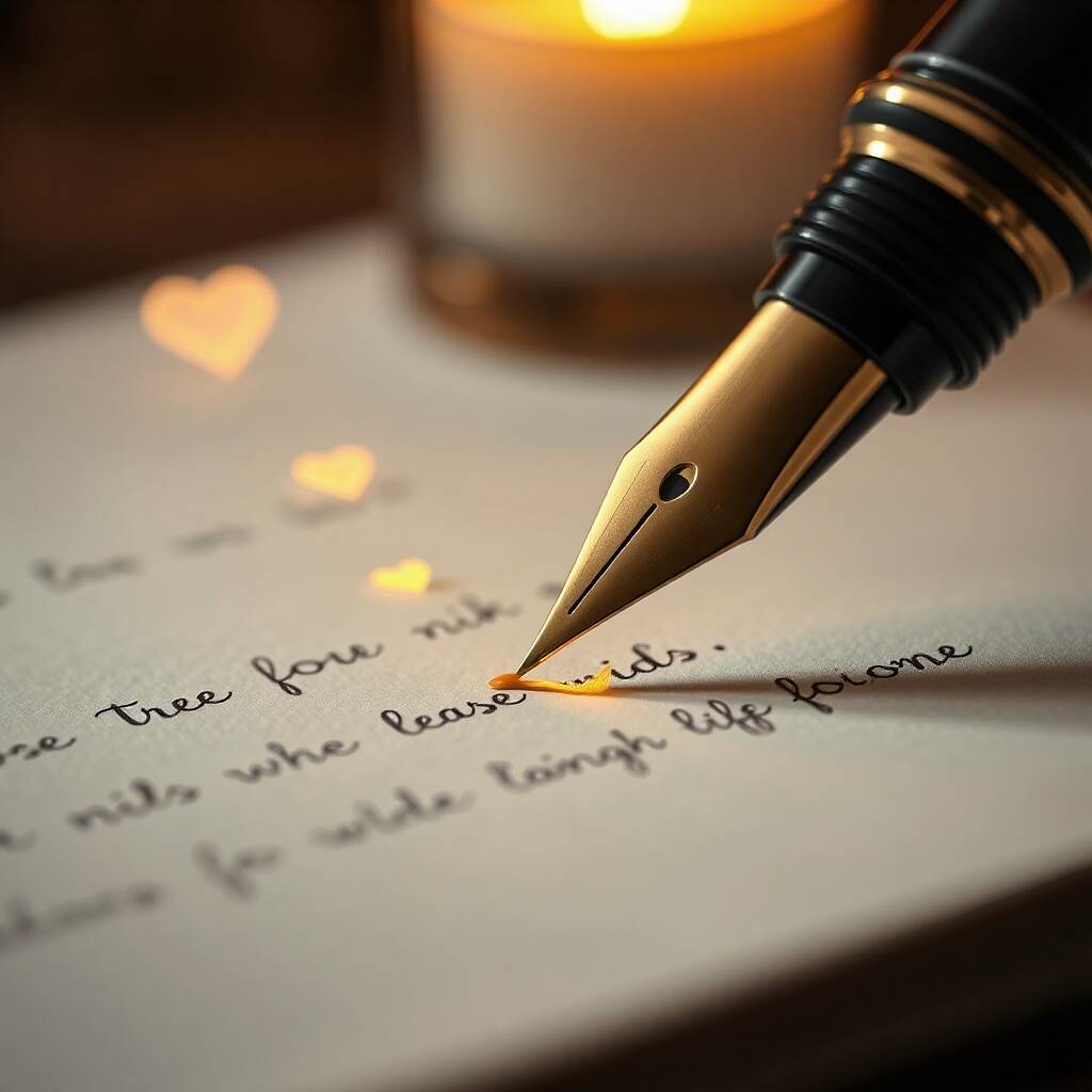A delicate pen writes on paper in golden ink, symbolizing the language of feelings and poetry.
