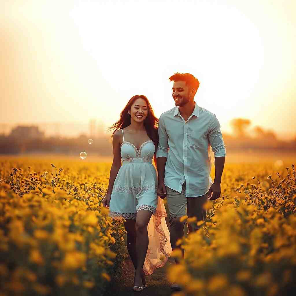 Time of Happy Loves - happy couple holds hands in nature, symbolizing a time of happy love.