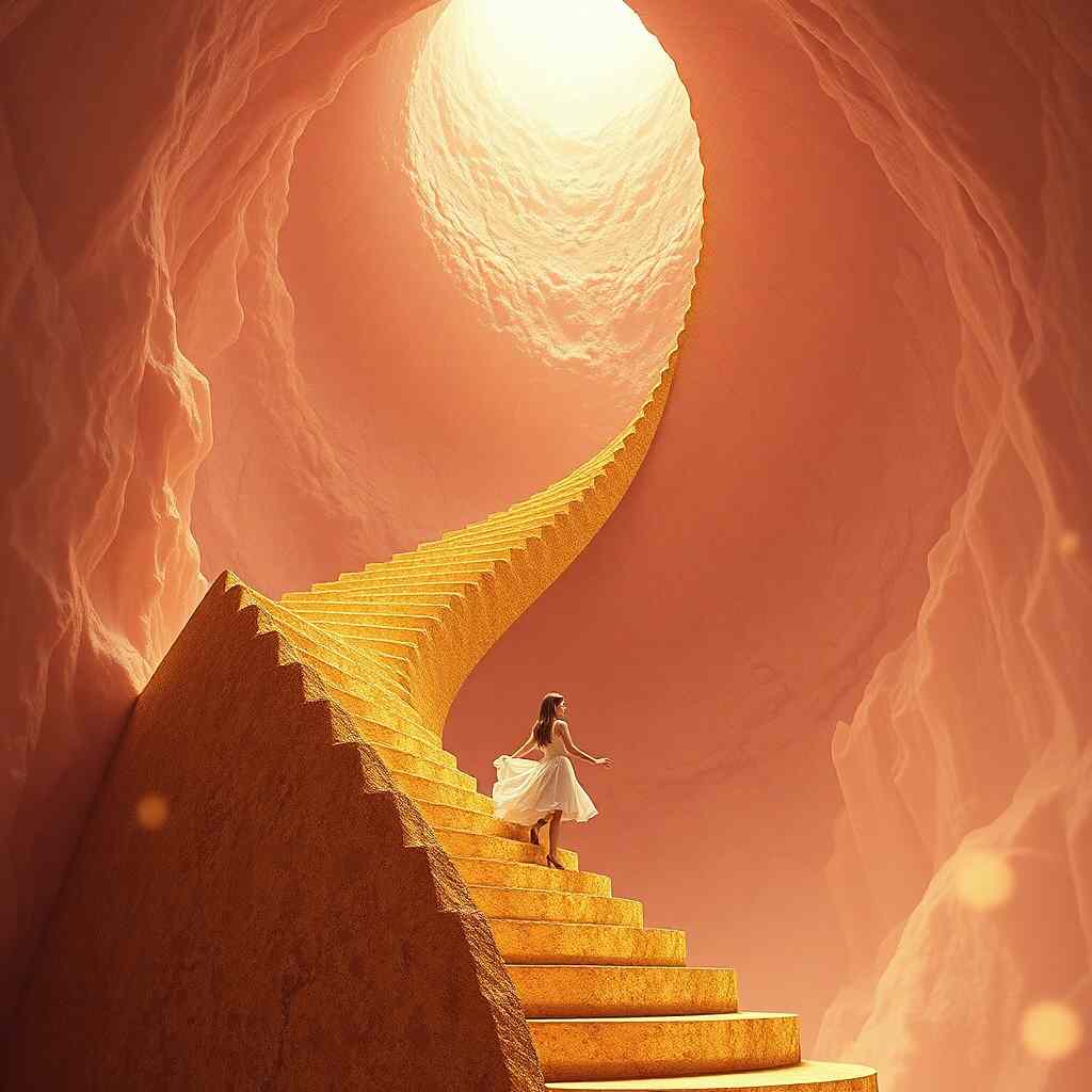 The Earth Changes as I Do - an artistic depiction of a woman ascending a spiral staircase of growth and light.