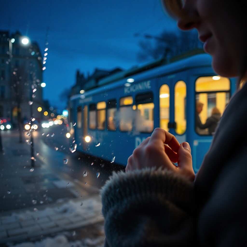 The sound of a tram on a cold winter night awakens memories of an old love as a woman stands still.