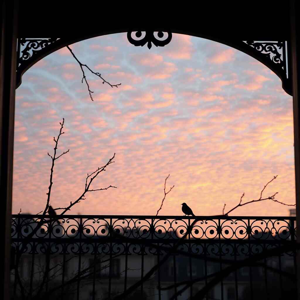 Pink Sky - A breathtaking sunrise over a mountain meadow in warm gold and pink Versailles style.