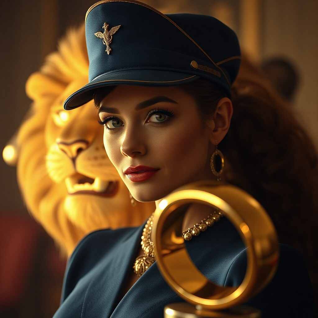 Wings of a Lioness - A symbolic image of a majestic lioness with wings in a warm gold and pink Versailles style light.