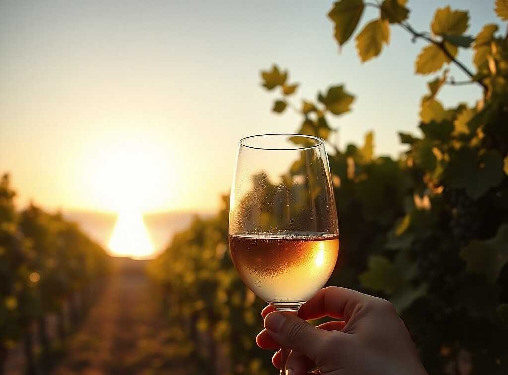 Kad pijem svoje vino - ruka drži čašu vina u vinogradu pri zalasku sunca.