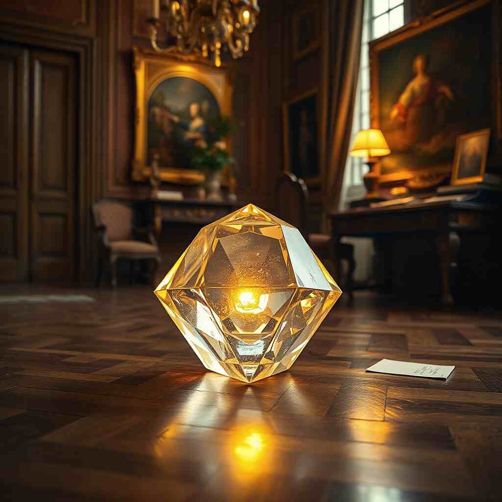 Crystallization of the Soul - a brilliant geometric crystal on an old Parisian parquet, illuminated by warm golden and pink light.