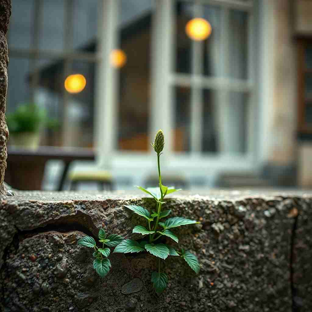 Nothing went according to plan - a small plant grows from a crack in the wall, symbolizing an unplanned new beginning.
