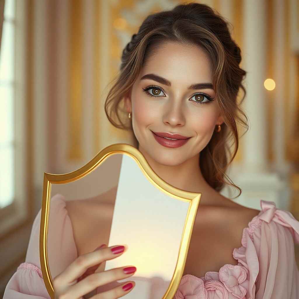 A smile as a shield - a radiant woman's smile acting as a translucent golden shield, Versailles style, melancholic and deep.