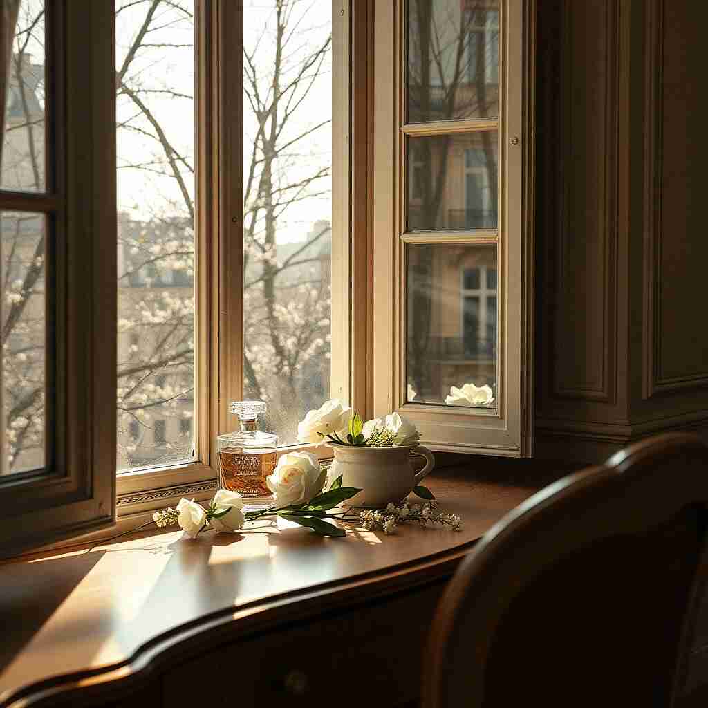 Scent of Freedom fresh white flowers and a crystal bottle on an antique table next to a Parisian window in gold and pink tones.