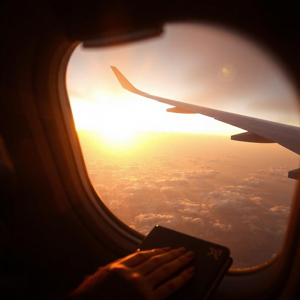 Let iznad prošlosti - žena u avionu promatra zalazak sunca, simbolizirajući promjenu i novi početak.