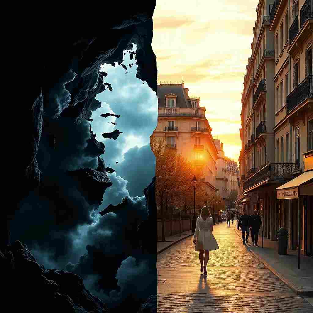 Geology of Destiny - a broken abyss and a Paris street joined by a golden bridge with a loving couple holding hands.
