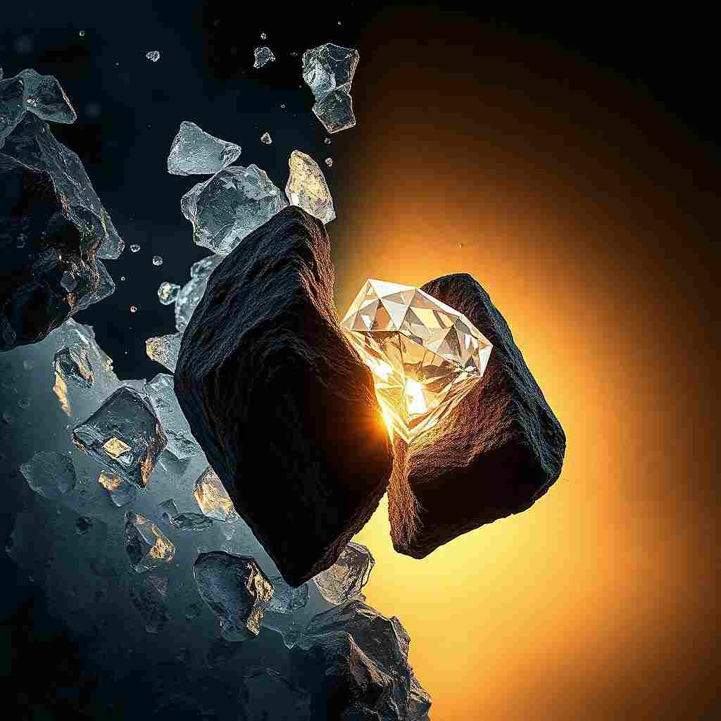 Carbon Metamorphosis- mračni kamen ugljika puca i otkriva sjajni dijamant na suncu.