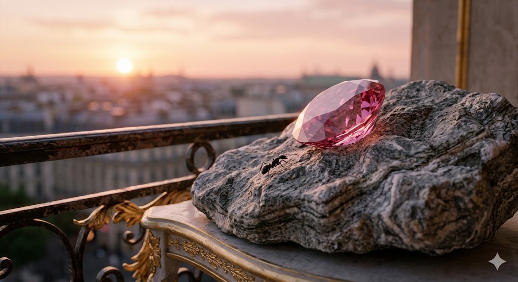A faceted pink spinel gemstone resting on a rough metamorphic rock illustrating the art of slowing down