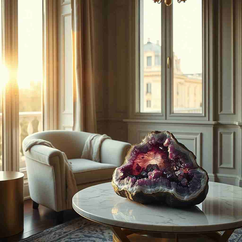 Architecture of freedom and a sparkling amethyst geode in a French home.